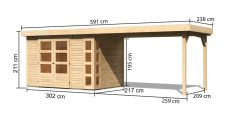 Dřevěný zahradní domek KERKO 4 s přístavkem 280 Lanitplast Přírodní dřevo