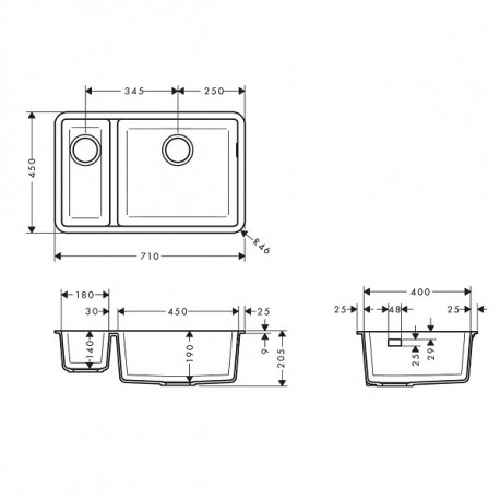 HANSGROHE granitový drez S510-U635 710 x 510mm jednodrez s vaničkou pod dosku, SilicaTec grafitová čierna, 43433170