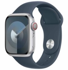 Apple Watch Series 9 GPS+Cellular 41mm Strieborné hliníkové telo - búrkovo modrý športový remienok S/M / 130-180 mm (MRHV3)