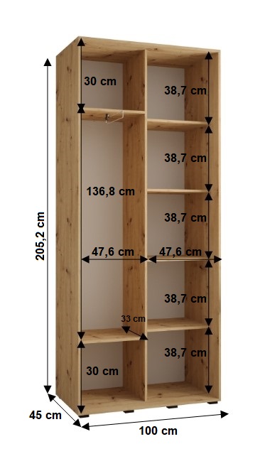 Šatní skříň Cannes 3 - hloubka 45 cm Barva korpusu: Dub - Artisan, Rozměry: 100 cm, Dveře: Dub-Artisan