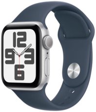 Apple Watch SE (2023) GPS 40mm Stříbrné hliníkové tělo - Bouřkově modrý sportovní řemínek M/L / 150-200 mm (MRE23)