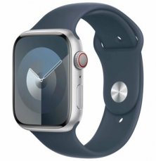 Apple Watch Series 9 GPS+Cellular 45mm Stříbrné hliníkové tělo - Bouřkově modrý sportovní řemínek S/M / 140-190mm (MRMG3)