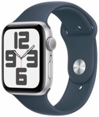 Apple Watch SE (2023) GPS 44mm Stříbrné hliníkové tělo - Bouřkově modrý sportovní řemínek M/L  / 160-210 mm (MREE3)