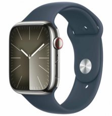 Apple Watch Series 9 GPS+Cellular 45mm Strieborné antikorové telo - Búrkovo modrý športový remienok M/L / 160-210 mm (MRMP3)