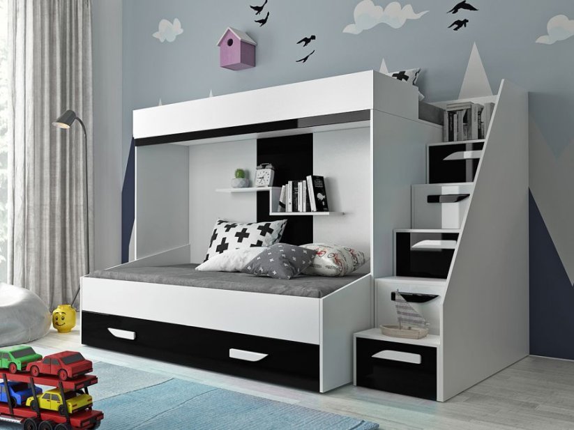 Dětský pokoj Party 16a s volbou barvy dvířek, 2 postele, pozvolné schody Barva korpusu: Bílá, Dveře: Černé