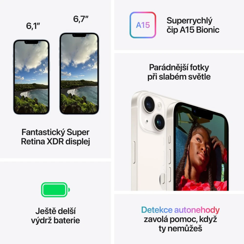 iPhone 14 temně inkoustový + bezdrátová sluchátka a záruka 3 roky Uložiště: 128 GB, Stav zboží: Rozbalený, Odpočet DPH: NE