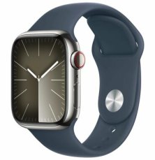 Apple Watch Series 9 GPS+Cellular 41mm Strieborné antikorové telo - Búrkovo modrý športový remienok M/L / 150-200 mm (MRJ33)