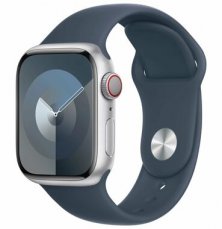 Apple Watch Series 9 GPS+Cellular 41mm Stříbrné hliníkové tělo - bouřkově modrý sportovní řemínek M/L / 150-200 mm (MRHW3)