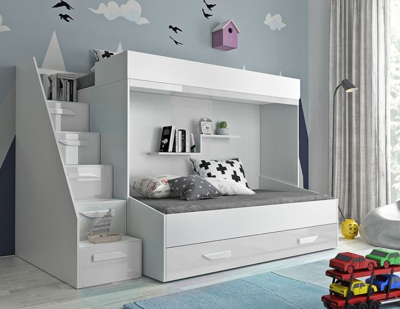 Dětský pokoj Party 16a s volbou barvy dvířek, 2 postele, pozvolné schody Barva korpusu: Bílá, Dveře: Růžová