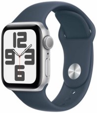 Apple Watch SE (2023) GPS 40mm Stříbrné hliníkové tělo - Bouřkově modrý sportovní řemínek S/M / 130-180 mm (MRE13)