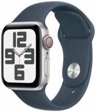 Apple Watch SE (2023) GPS+Cellular 40mm Stříbrné hliníkové tělo - Bouřkově modrý sportovní řemínek S/M / 130-180 mm (MRGJ3)